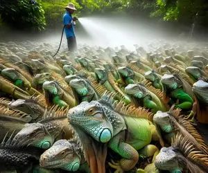 فرآوری ایگوانا؛ پوست ایگواناهای چاق رو با قمه درمیارن روغن میزنن میذارن تو فر