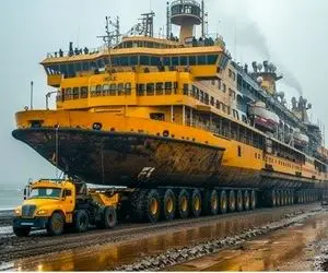 جا به جایی های غول پیکر؛ کشتی تایتانیک رو انداختن پشت تریلی دارن جا به جا می کنن