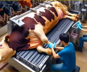 فرآوری مدرن گاو؛ گاو درشت هیکل و میبندن به دستگاه با ظرافت پوستشو درمیارن