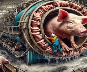 فرآوری خوک؛ خوک حرومی لجن بعد کارواش زنده گذاشت تو چرخ گوشت ژامبون 90 درصد شه 