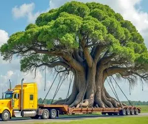 جابه جایی جانکاه؛ تریلی 18 چرخ با اون ابهت نتونست درخت تنومند 100 ساله رو حمل کنه