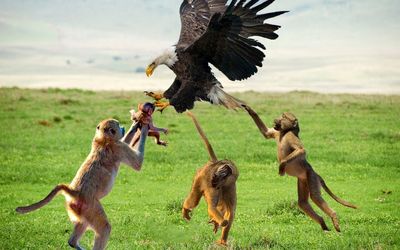 از جذابیت های حیات وحش؛ شکار دیوانه کننده عقاب وقتی بچه میمون رو از بغل مامانش قاپید!