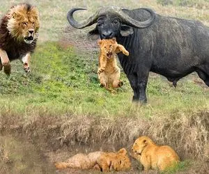 شاهکار حیات وحش / وقتی بوفالو با دریدن شکم توله شیر مادر را عصبانی کرد چه شد؟