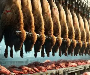 سلاخی غول پیکر؛ گاومیشارو دار میزنن گردن ستبرشونو با سنگ فلز برش میدن 