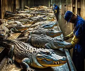 فرآوری تمساح؛ پوست تمساح زنده برید گذاشت تو دستگاه دباغی بشه گوشتش و  کبابی برش زد