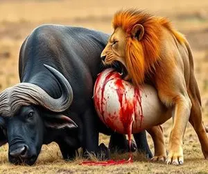 نارام زیان؛ شیر سفاک نوزاد بوفالو و از شکمش درآورد در رفت بوفالو هم خوراک کفتار دد شد