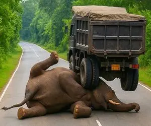 شاهکار حیات وحش / فیل دراز کشید وسط جنگل کامیون از روش رد شه قلنجش بشکنه