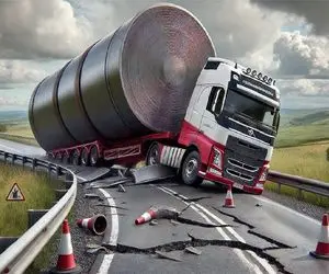 جابه جایی جانکاه؛ تریلی موقع حمل تانکر بنزین درحال  چپ کردن تا مرز آتیش گرفتن رفت 