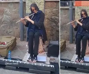 مطربی خیابانی؛ خانوم نوازنده که جلو مترو تجریش با تمام وجودش ساز نواخت
