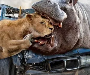 صحنه دهشتناک؛ اسب آبی سفاک دهن گشادشو باز کرد سر شیر بدسگال و با دندون له کرد