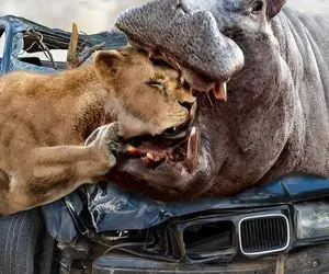 صحنه دهشتناک؛ اسب آبی سفاک دهن گشادشو باز کرد سر شیر بدسگال و با دندون له کرد