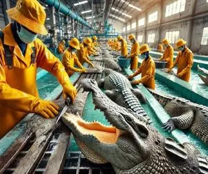 فرآوری تمساح؛ بعد جوشوندن تمساح واسه از بین رفتن بوی زهمش پوستشو جدا و گوشتشو میپزن