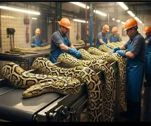 فرآوری مار؛ پیتون غول پوستشو جدا میکنه کیف و کفش شده میفروشه