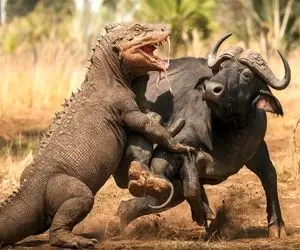 بدایع حیات وحش؛ کومودو سفاک بوفالو مسلول و تنها گیر میاره ابترش که کرد میخوره