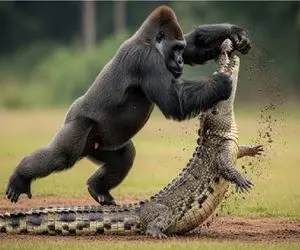 مستند حیات وحش / وقتی گوریل تنومند تمساح را به فنا میدهد