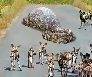 بدایع حیات وحش؛ پیتون غول بعد بلع خرس وسط جاده لمید کفتار ددمنش پاره ش کرد