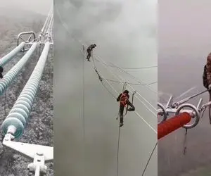 مشاغل پرمخاطره؛ سیم های دکل برق رو تو باد شدید نصب میکنن رسما بین زمین و آسمون معلقن 