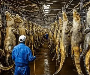 فرآوری تمساح؛ پوست تمساحی که با خوردن مرغ 500 کیلو شد و با پوست کن میکنه بهره کشی کنه