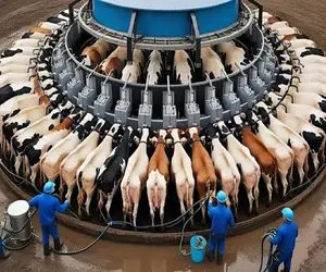 فرآوری گاو؛ با شیردوش غول پیکر  24 ساعته شیر گاو میدوشن آمادشون میکنن برای سلاخی