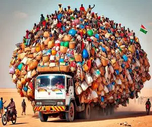 جابه جایی جانکاه؛ کامیون فکسنی 10تن بار و انسان و ریخته رو هم داره حمل میکنه 