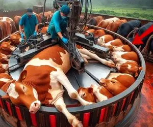 فرآوری گاو؛ گاو 224 کیلویی رو گذاشت تو ماشین کشتار زنده پوست کند و اسلایس کرد