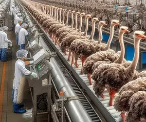 فرآوری شترمرغ؛ برای تولید مواد نو از گوشت و پر شترمرغ تو سلاخخونه به استثمار میگیرنش
