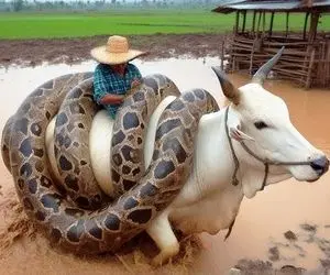 از جذابیت های حیات وحش؛ وقتی پیتون غول پیکر پیچید دور گاو هر دوتا دارن بهم فشار میارن