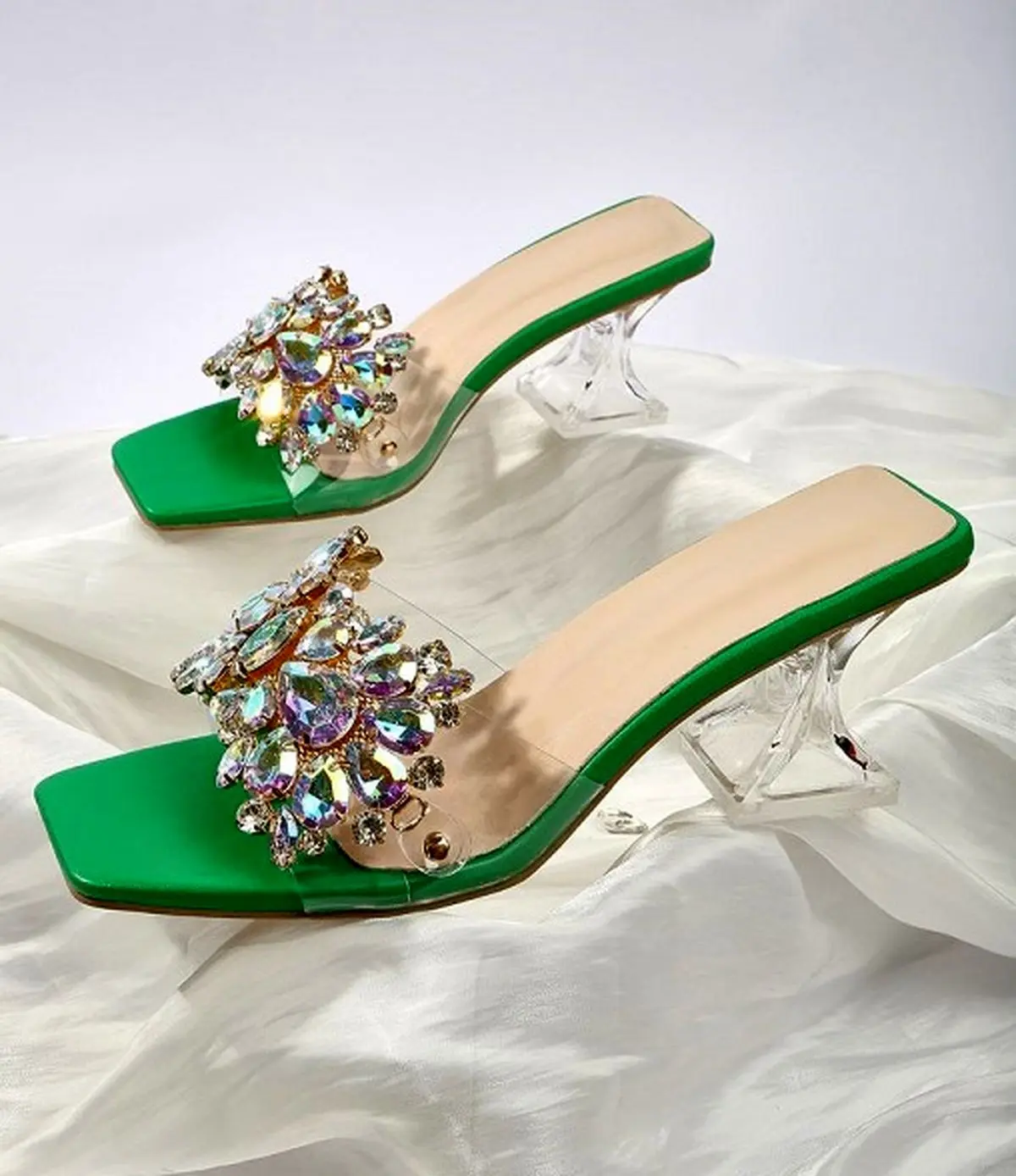 Rhinestone Decor Clear Sculptural Heeled Mule Sandals