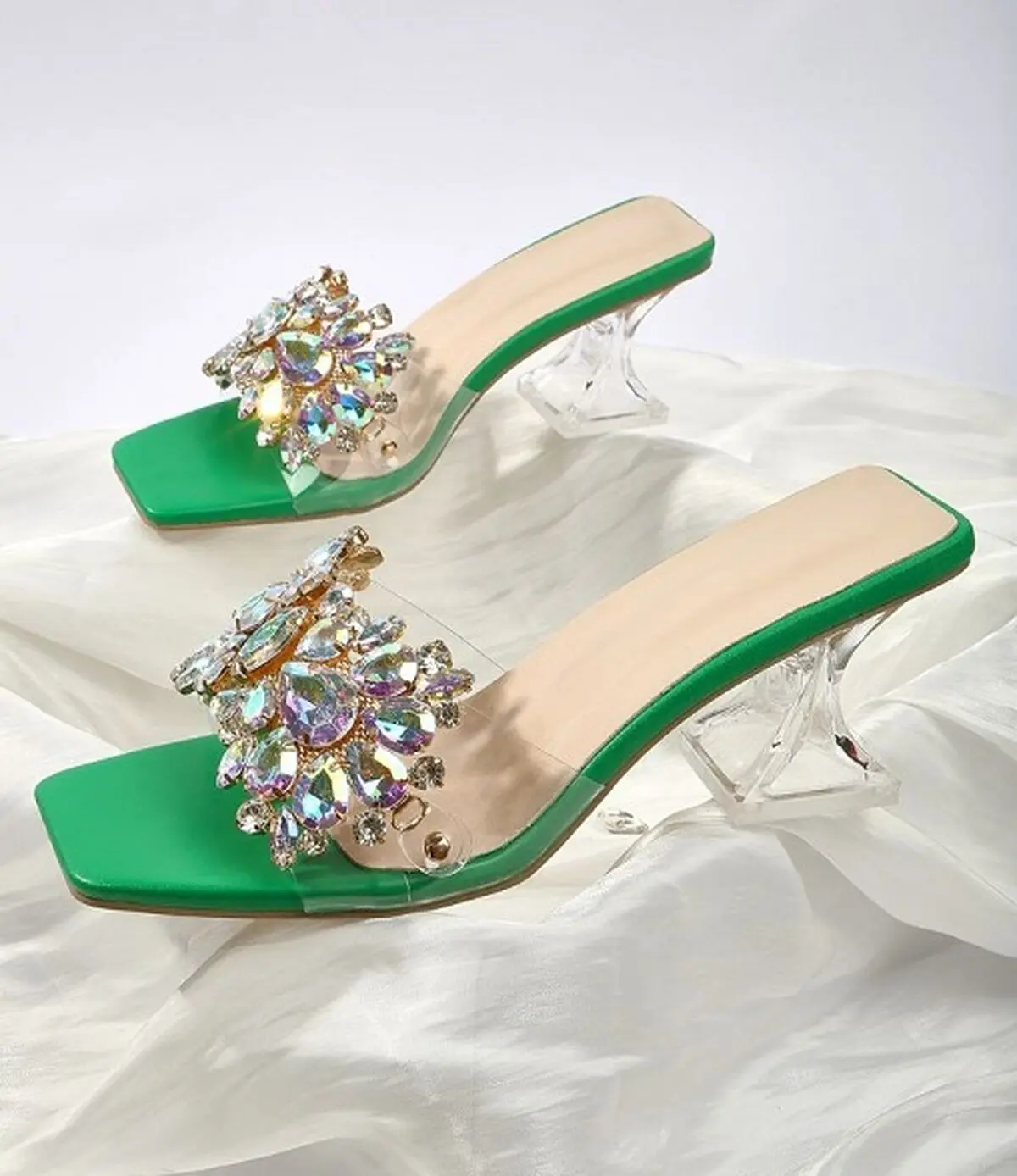 Rhinestone Decor Clear Sculptural Heeled Mule Sandals
