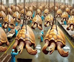 فرآوری لاک پشت؛ تو تالاب زیر نیلوفرهای آبی دنبال لاکپشت پوسته نرم میگردن برای کباب