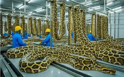 فرآوری مار؛ پوست پیتون خوش خط و خال میکنن بکنن پاشون چشم فامیل درارن