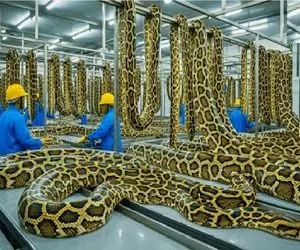 فرآوری مار؛ پوست پیتون خوش خط و خال میکنن بکنن پاشون چشم فامیل درارن