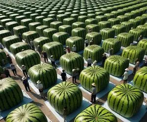 کشاورزی نوین؛ با تجهیزات به روز و سموم نوین هندوانه مربعی پرورش داد هرکدوم 40 کیلو