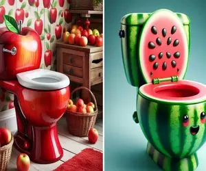 چیدمان حمام با توالت فرنگی طرح میوه‌ای/ کاربردی منحصر به فرد و پر جنب وجوش