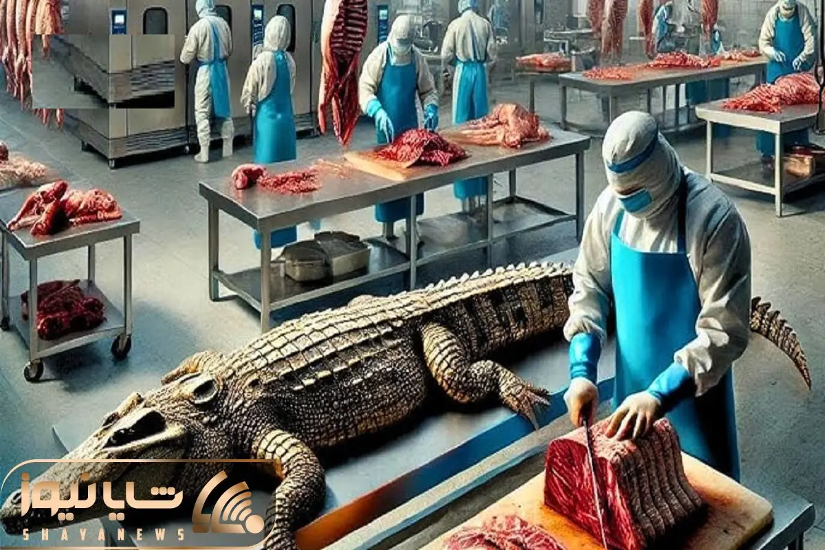 فرآوری تمساح؛ پوست تمساح و رنده میکنه گوشتشو استیکی برش میده استخونش میشه آبگوشت