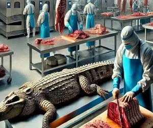 فرآوری تمساح؛ پوست تمساح و رنده میکنه گوشتشو استیکی برش میده استخونش میشه آبگوشت