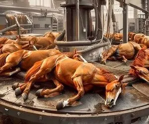 فرآوری اسب؛ اسب پرمحنت ترکمن مفلوک رو بعد سواری گرفتن دباغی و شرحه میکنه
