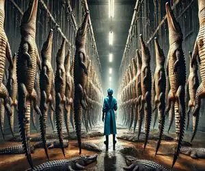 فرآوری کروکودیل؛ پوست تمساح و درسته از تنش درآورد کاپشن بشه گوستش هم همبرگر