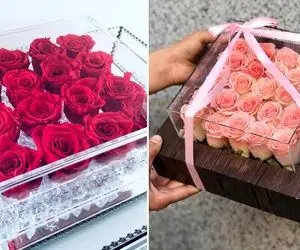 سبک های متنوع باکس گل رز قرمز و صورتی؛ ایده های ظریف و شیشه ای گل برای کادو دادن