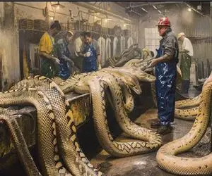 فرآوری مار؛ پیتون غول شده رو مثله میکنن تموم ذراتش بشه محصول نو و سودآور