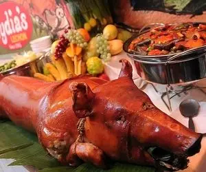 کباب خوک؛ پشمای خوک بی ریخت تو کوره آتش کز داد شکمشو با سبزیجات پر و سرو کرد