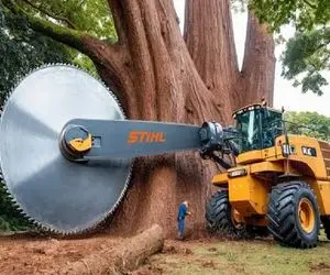 ابزارآلات غول پیکر؛ نصب اره دیسکی روی بیل مکانیکی برای رفع مزاحمت پرندگان ساکن