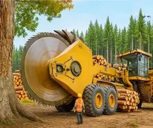 ابزارآلات غول پیکر؛ بیل مکانیکی غول برا سرعت قلع‌وقمع اره دیسکی انداخت بجون درخت