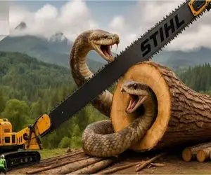 ابزارآلات غول پیکر؛ اپراتور بیل مکانیکی اره برقی نصب کرد لونه مار پاکسازی کنه