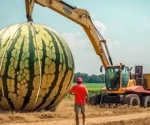 محصولات کشاورزی غول پیکر؛ هندوانه کاشتن به قدری بزرگ شد واسه بلند کردنش جرثقیل اومد
