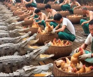 فرآوری تمساح؛ مرغ میریزن تو حلق کروکودیل بعد میکشنش به سیخ تمساح دودی میخورن