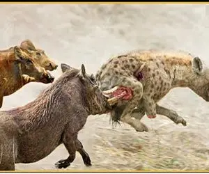 از بدایع حیات وحش؛ خوک شریر برای نجات جون توله‌اش عاجشو فرو کرد تو باسن کفتار