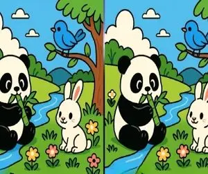 بازی فکری؛ 3 تفاوت تو پاندا در حال خوردن بامبو و خرگوش بازیگوش رو پیدا کن