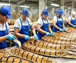 فرآوری مار؛ پوست مار ورقه ای جدا میکنه گوشتش سهم دیگ پوستش روانه‌ی بازار