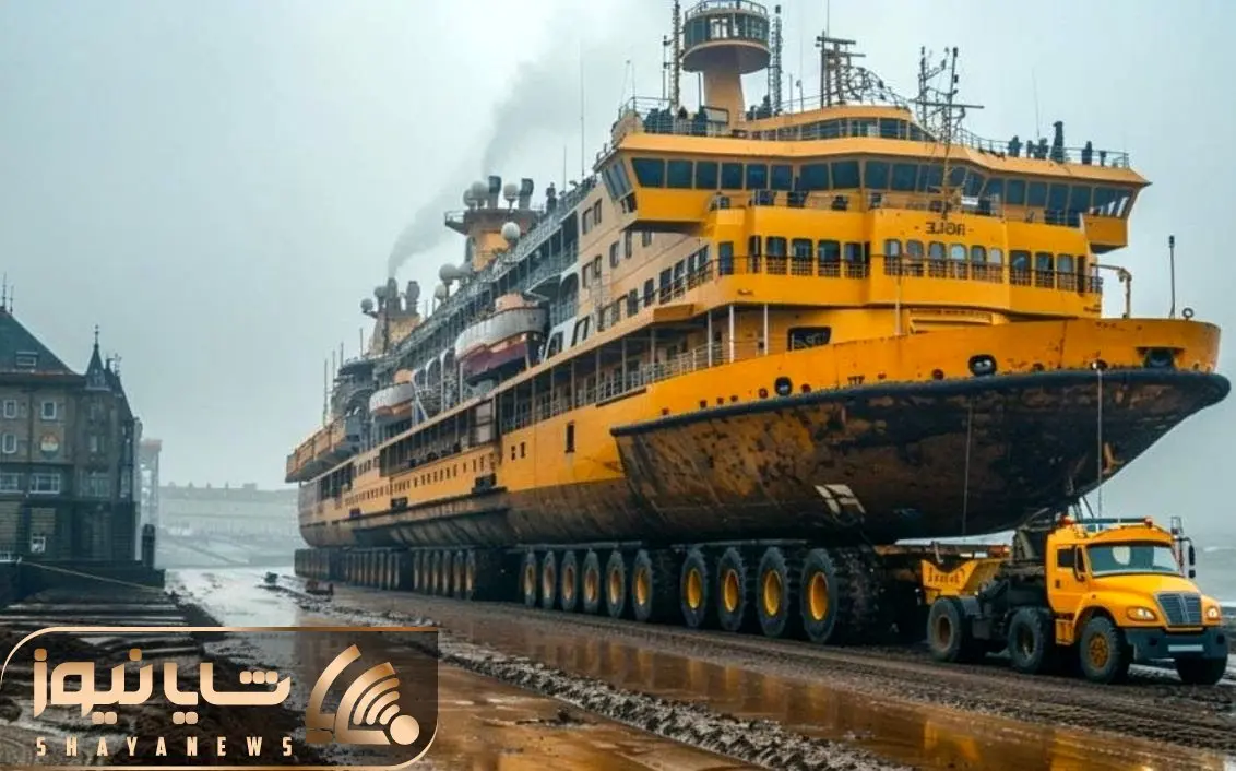 جا به جایی های جانکاه؛ حمل کشتی چند طبقه که مثل قصره رو آسفالت با یک تریلی 100 چرخ